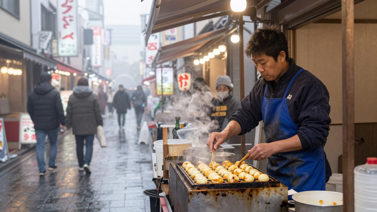 Cooking Takoyaki in Osaka in in Osaka, Japan
