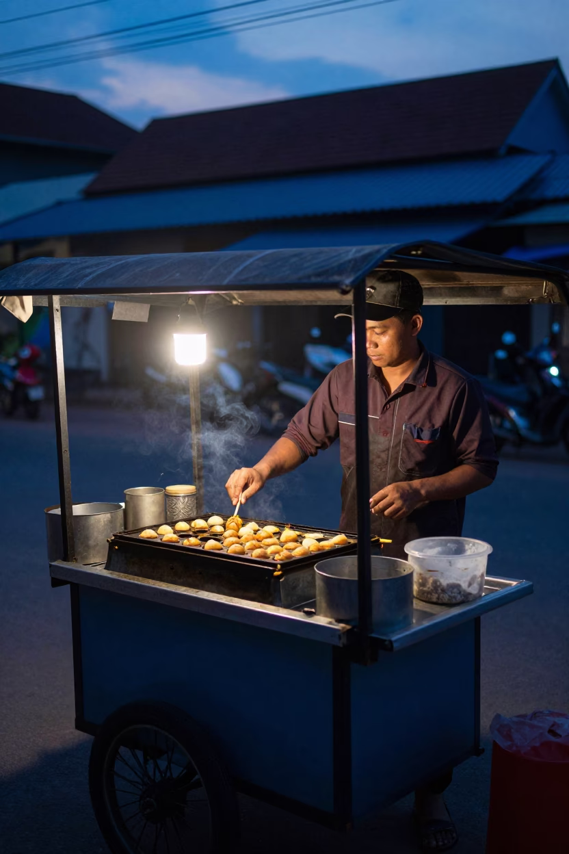 Cooking Takoyaki in Phnom Penh at Blue Hour in in Phnom Penh, Cambodia