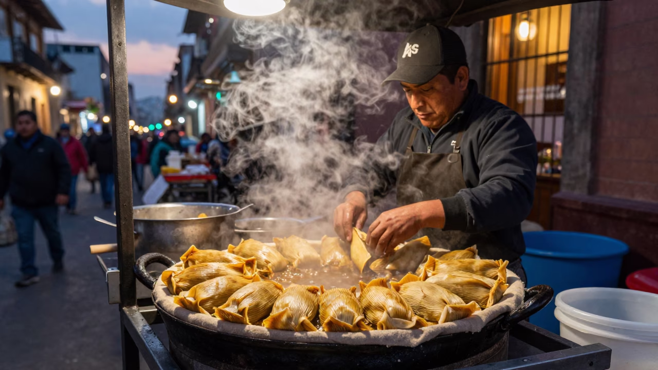 Cooking Tamales in Mexico City at As City Lights Begin To Glow in in Mexico City, Mexico