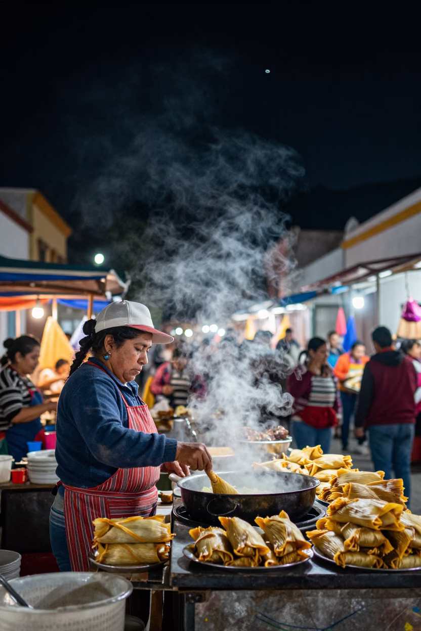 Cooking Tamales in Oaxaca at The Deepest Night Sky Light in in Oaxaca, Mexico