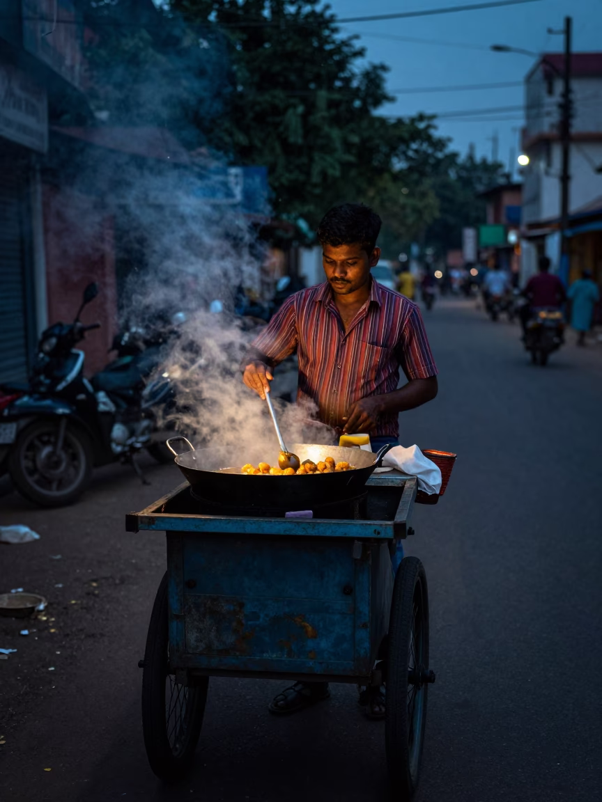 Cooking Vada in Chennai at The Predawn Darkness Light in in Chennai, India