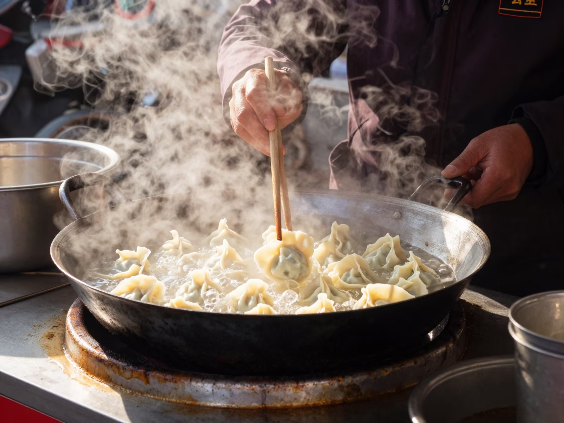Cooking Wontons in Shanghai at Midday Light in in Shanghai, China