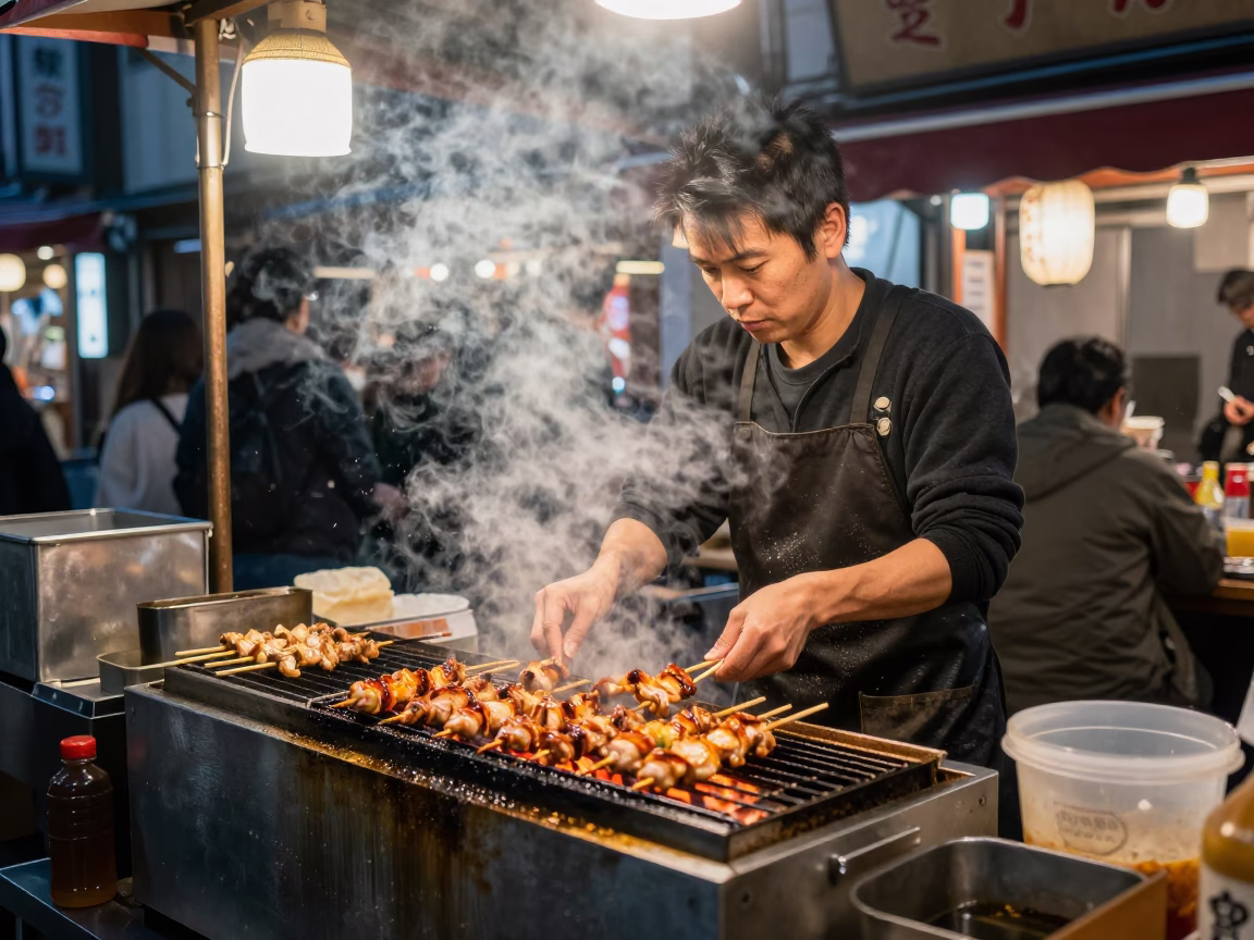 Cooking Yakitori in Osaka in in Osaka, Japan