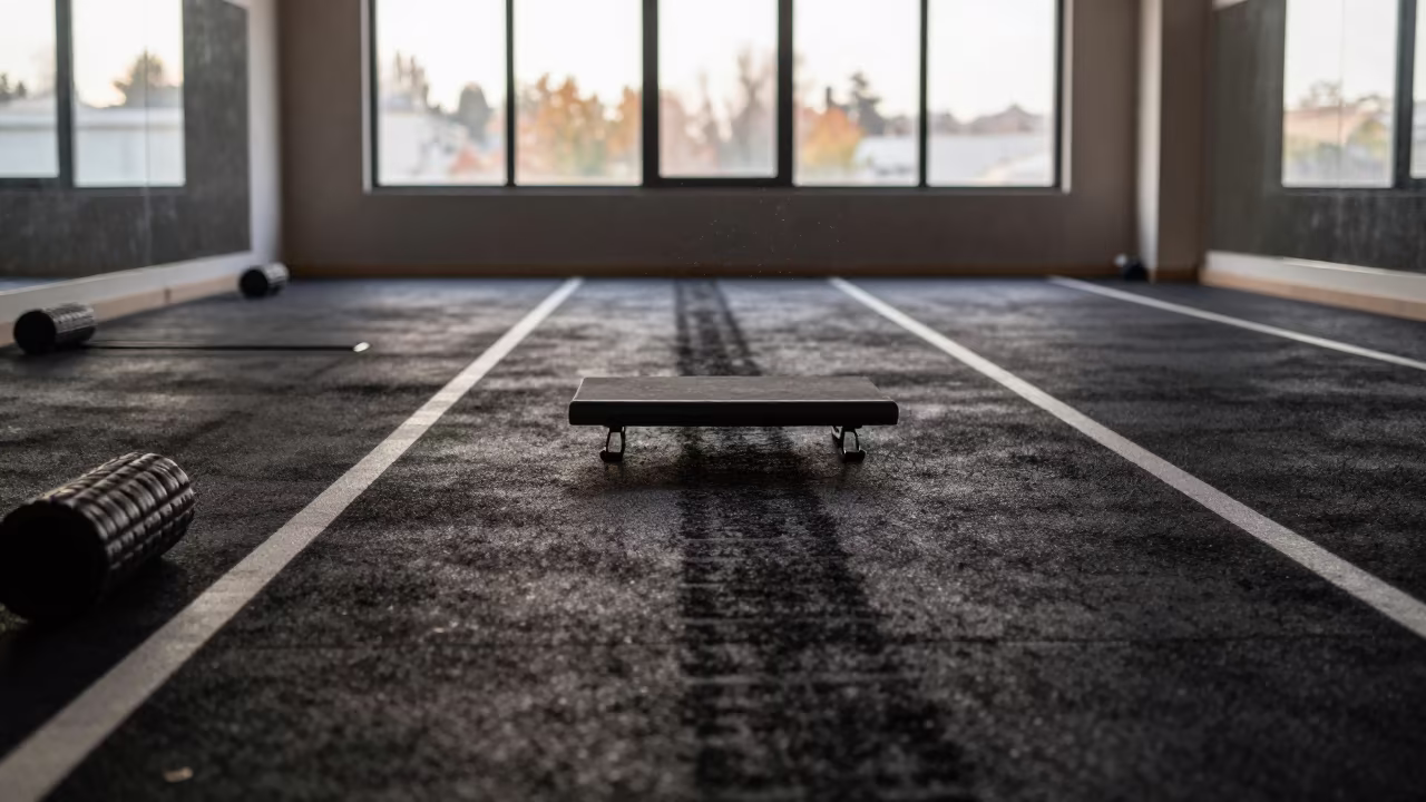 Cool Dawn Light on Gym Turf Lane with Sled Traces in inside a yoga studio before the session begins in Zarqa