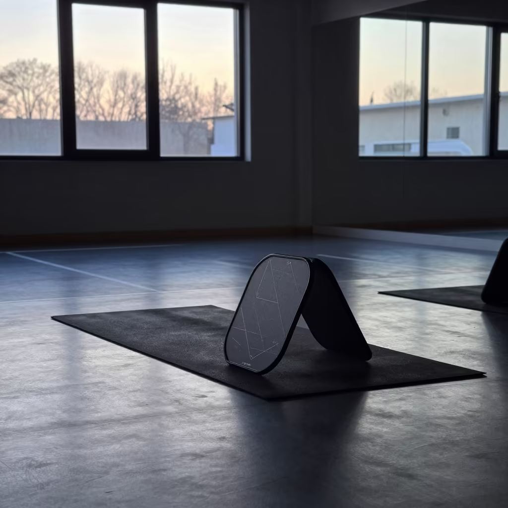 Cool Dawn Light on Pickleball Score Stand in inside a yoga studio before the session begins near Damascus