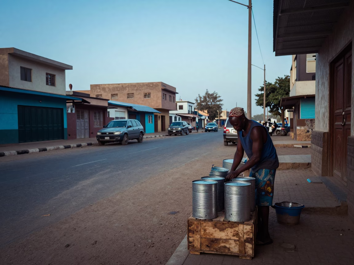 Cool Early Morning Dakar Street Scene with Local Vendor and Canisters in in Dakar, Senegal