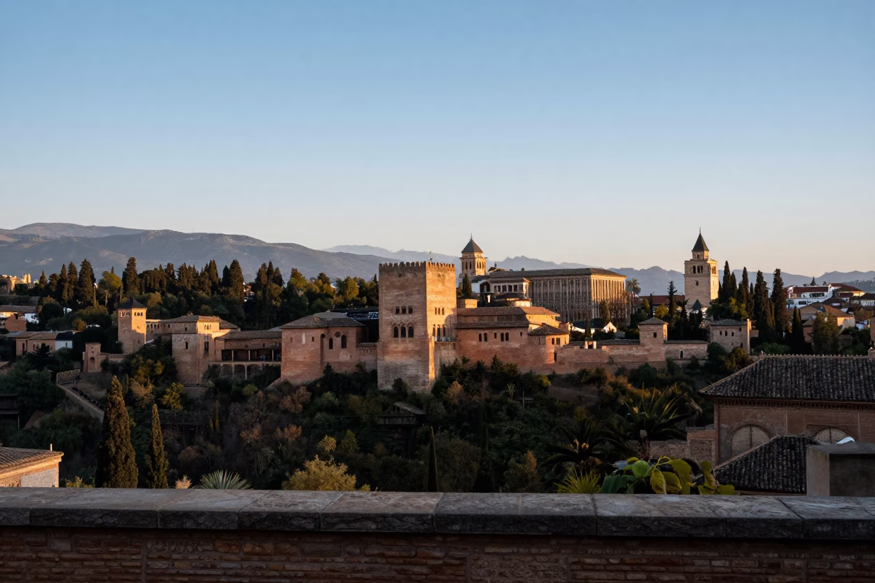 Cool Early Morning Horizon View Over Granada Spain Alhambra Palaces in in Granada, Spain