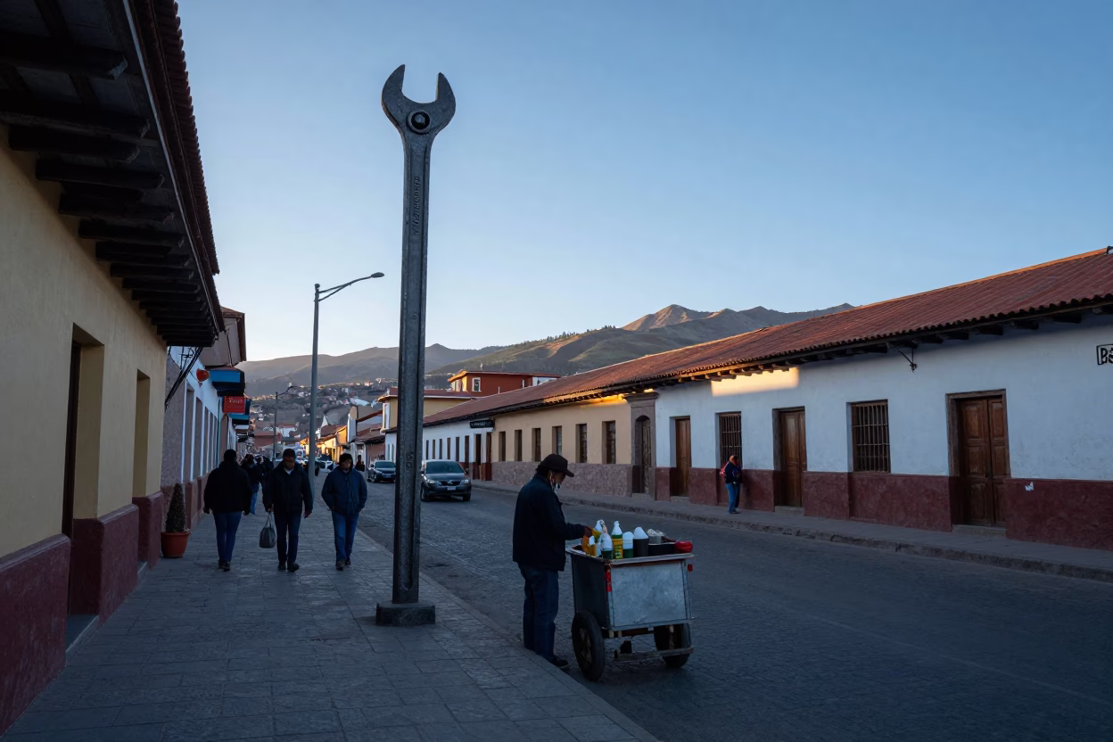 Cool Early Morning La Paz Bolivia Street Scene With Wrench And Cup in in La Paz, Bolivia