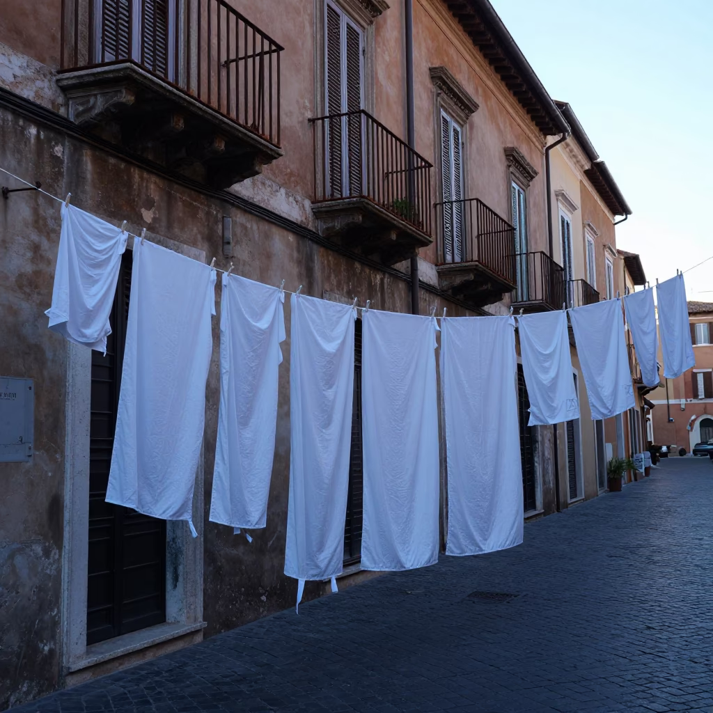 Cool early morning laundry scene in Rome Italy with hanging aprons in in Rome, Italy