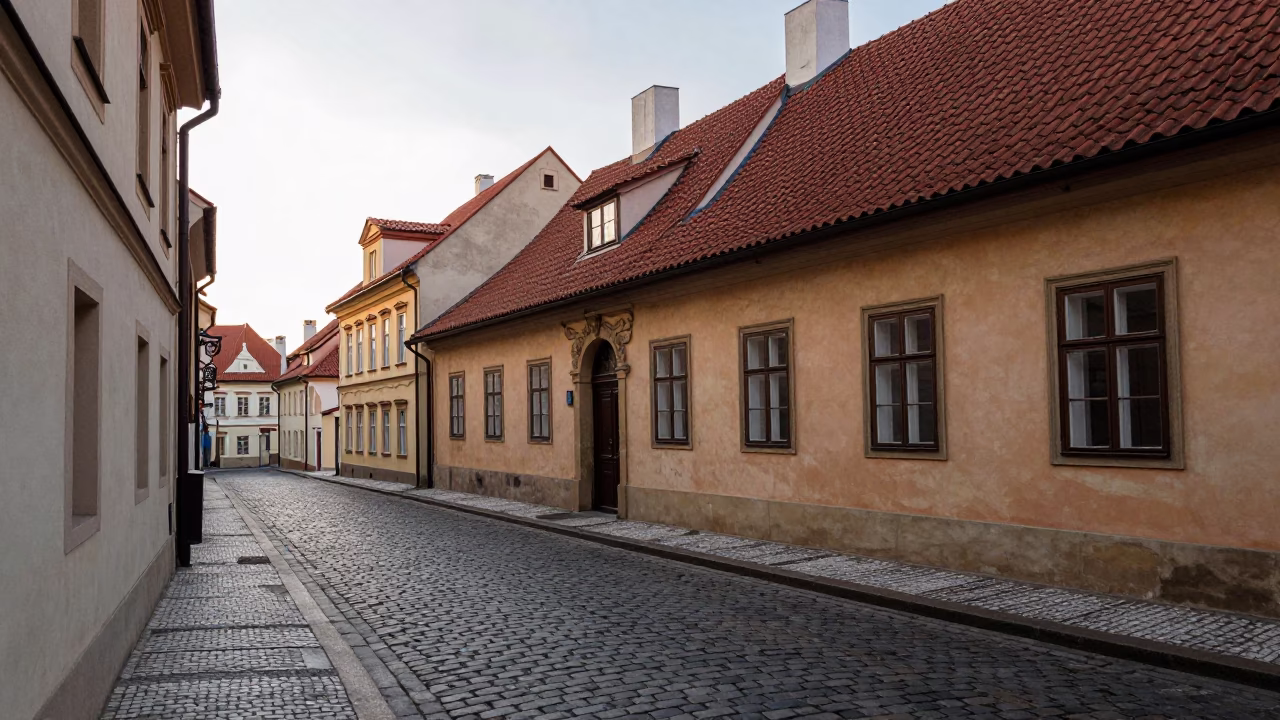 Cool Early Morning Light on Cobblestone Street in Prague in in Prague, Czech Republic
