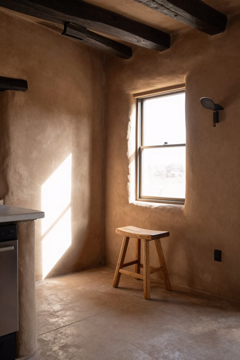 Cool Early Morning Light on Santa Fe Adobe Interior with Kitchen Stools in in Santa Fe, New Mexico, United States