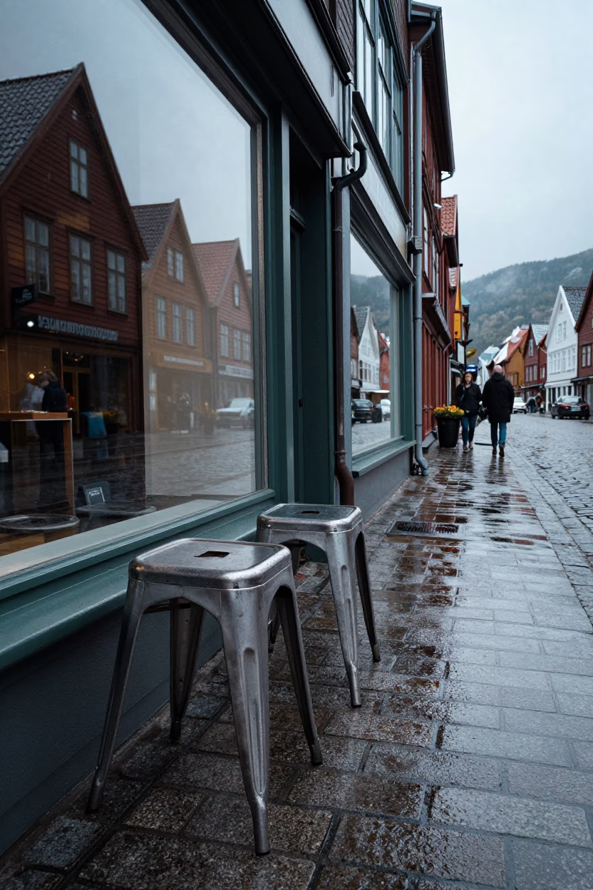 Cool Early Morning Light Reflecting on Metal Stools in Bergen Norway in in Bergen, Norway