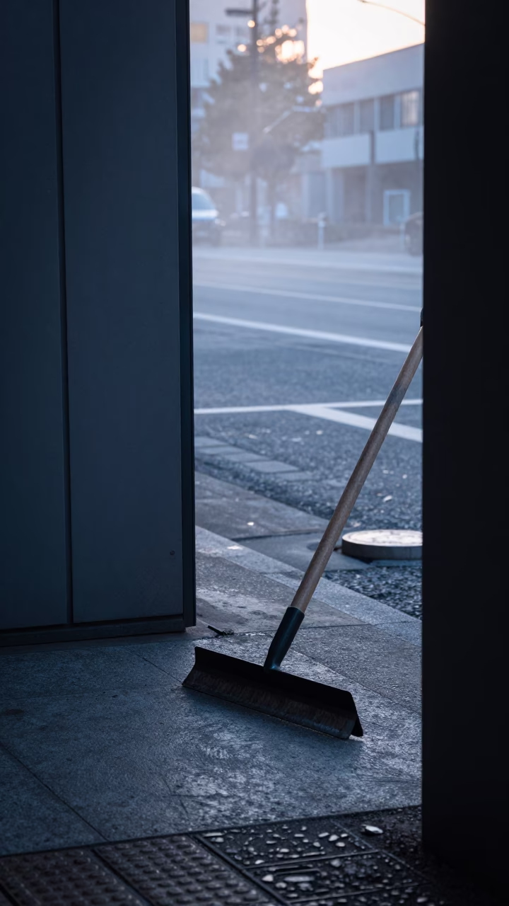 Cool Early Morning Sapporo Street Scene with Boot Scraper and Steam in in Sapporo, Japan