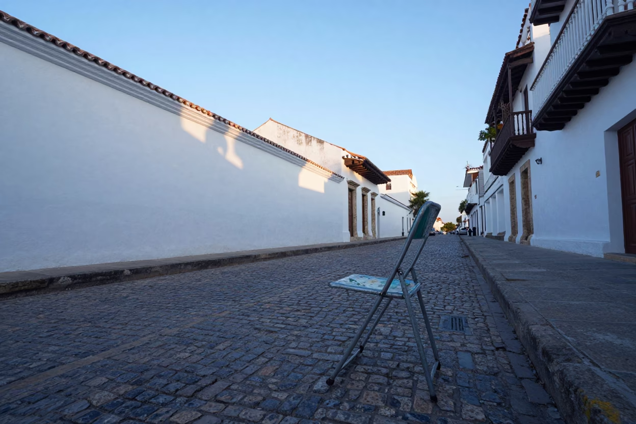 Cool Early Morning Street in Cartagena Colombia with Folding Chair in in Cartagena, Colombia