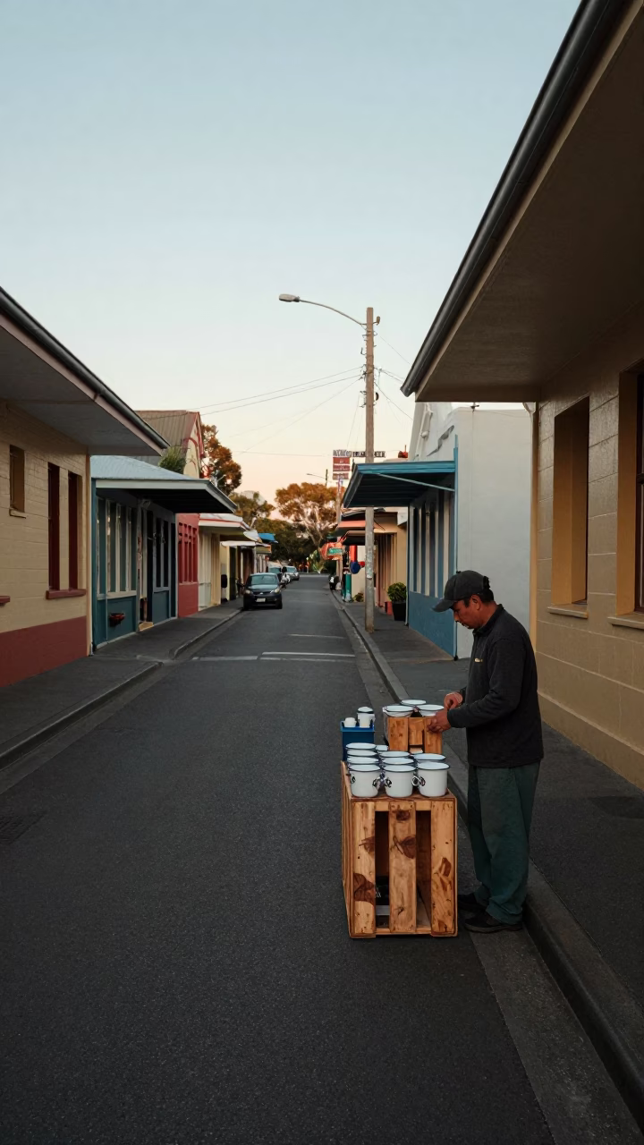Cool Early Morning Street Scene in Adelaide With Vintage Enamel Bowls in in Adelaide, South Australia, Australia