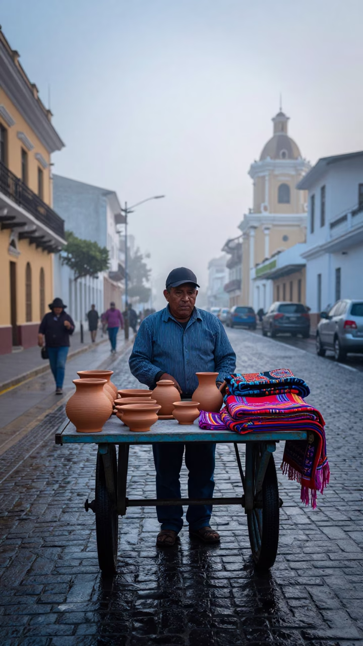 Cool Early Morning Street Scene in Lima Peru with Local Vendor in in Lima, Peru