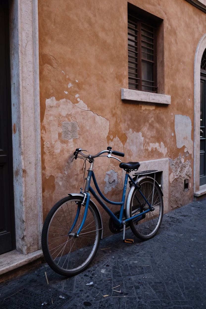 Cool Early Morning Street Scene in Rome With Bicycle And Cracked Stucco in in Rome, Italy