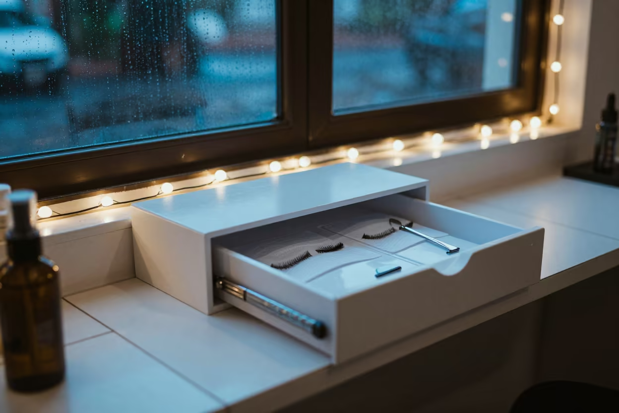 Cool Lash Fan Spool Drawer in Pathein Salon in at a salon reception counter in Pathein