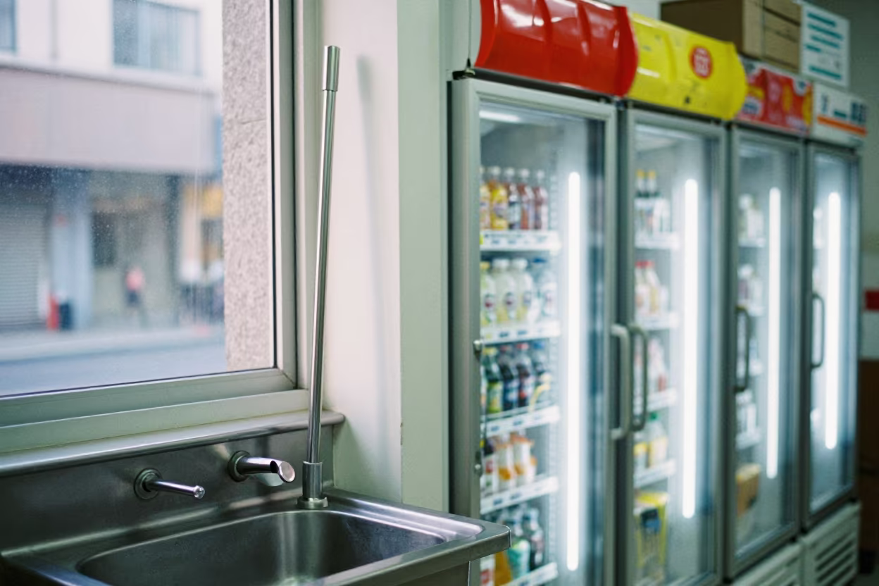Cool Light on Convenience Store Fridge and Mop Sink in inside a stockroom behind the sales floor in Taipei
