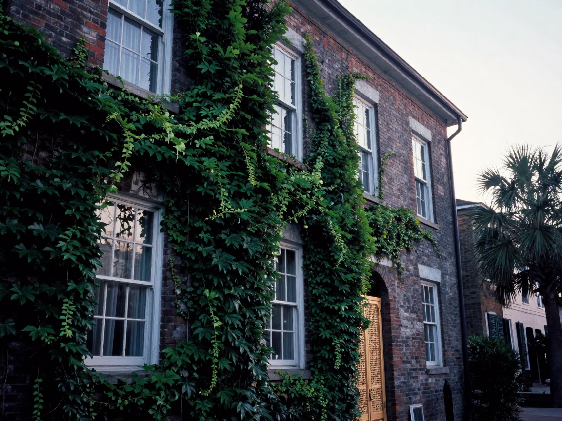 Cool Morning Charleston Street Ivy Vines and Woven Cane Chair in in Charleston, South Carolina, United States