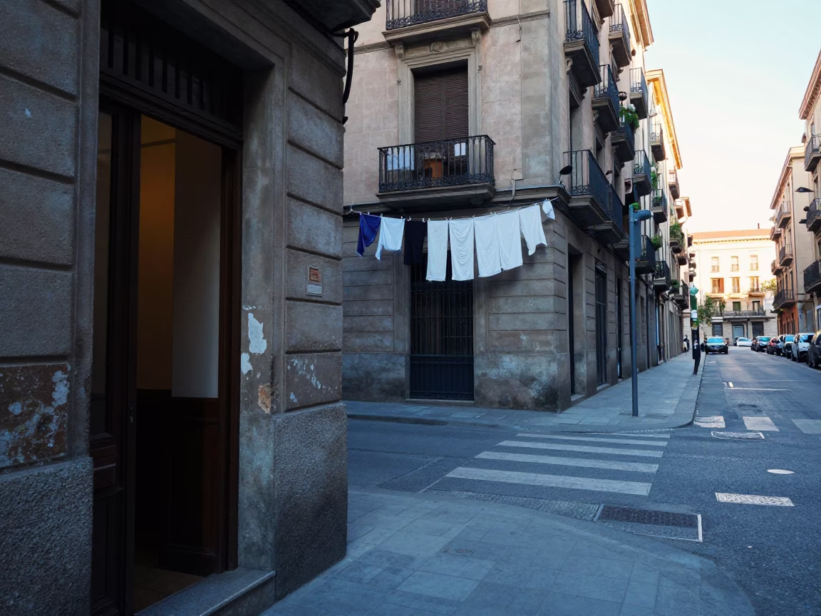 Cool Morning Light on Barcelona Street Corner with Laundry and Doorframe in in Barcelona, Spain