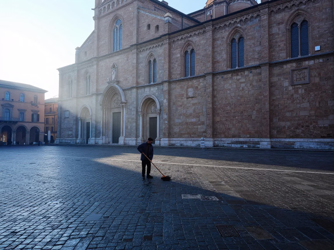 Cool Morning Light on Bologna Piazza Maggiore Stone Pavement in in Bologna, Italy
