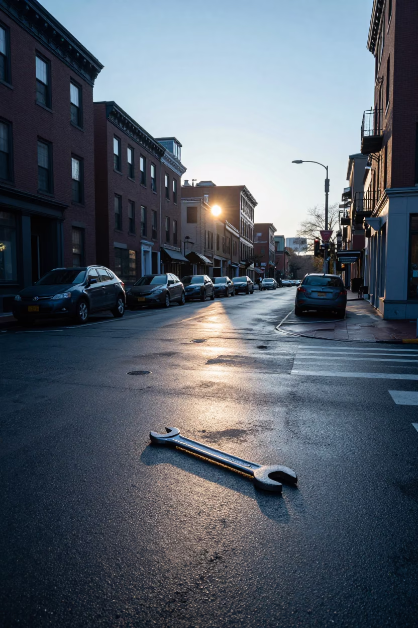 Cool Morning Light on Boston Street Corner with Wrench and Rattan Stool in in Boston, Massachusetts, United States