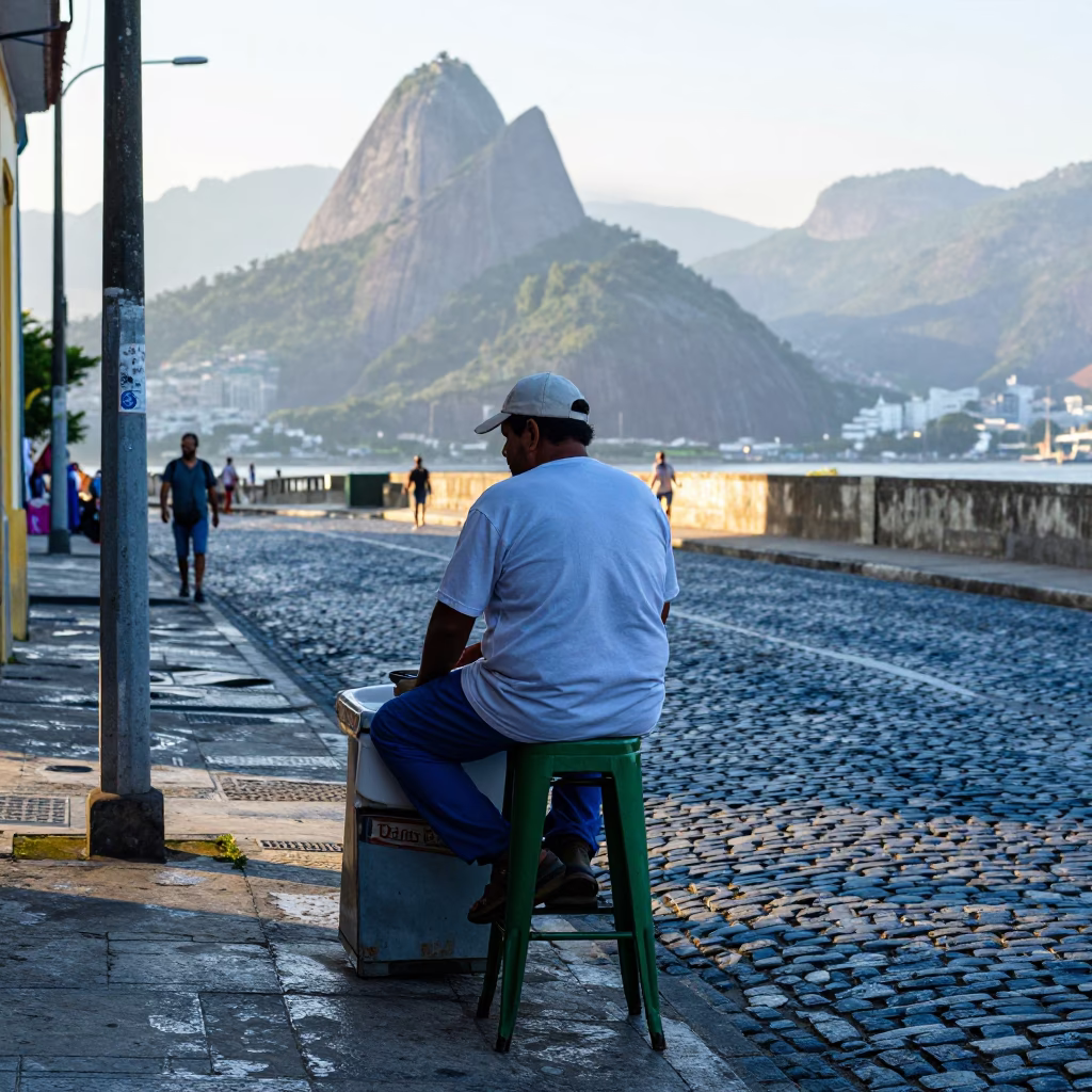 Cool Morning Light on Cobblestone Street with Vendor and Bar Stools in in Rio de Janeiro, Brazil