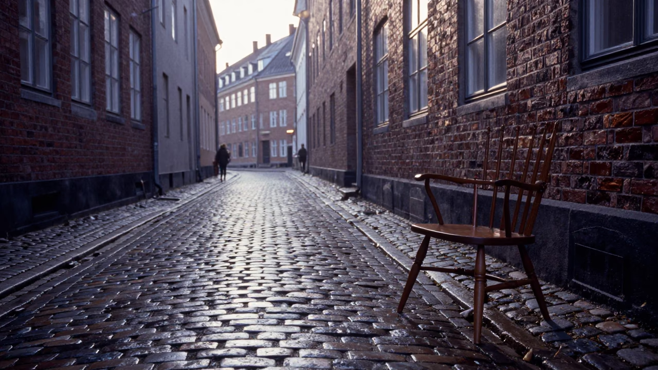 Cool Morning Light on Copenhagen Cobblestones with Spindle Chair in in Copenhagen, Denmark