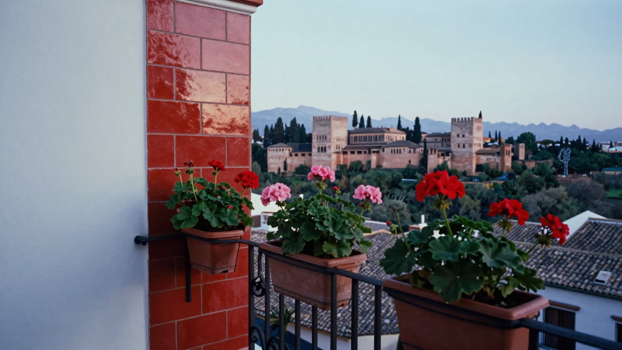 Cool Morning Light on Granada Balcony with Geraniums and Tea Kettle in in Granada, Spain