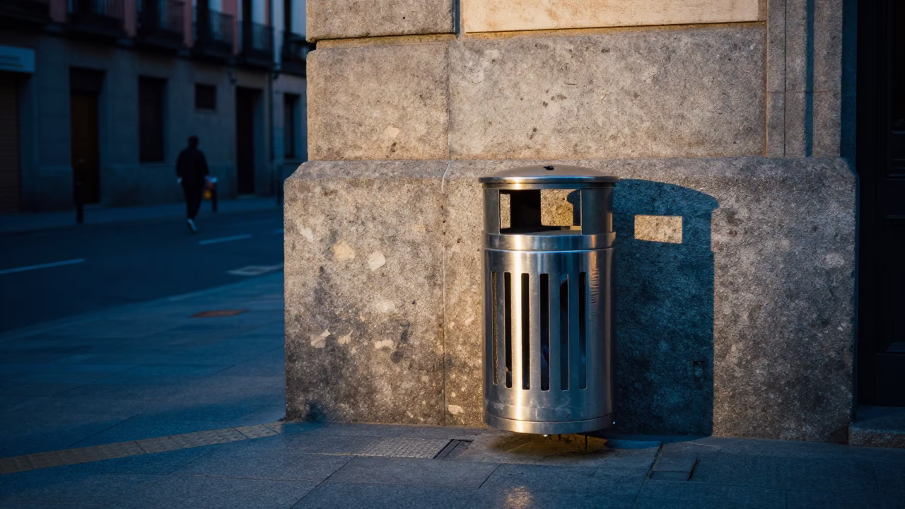 Cool Morning Light on Madrid Street Corner with Steel Reflections in in Madrid, Spain