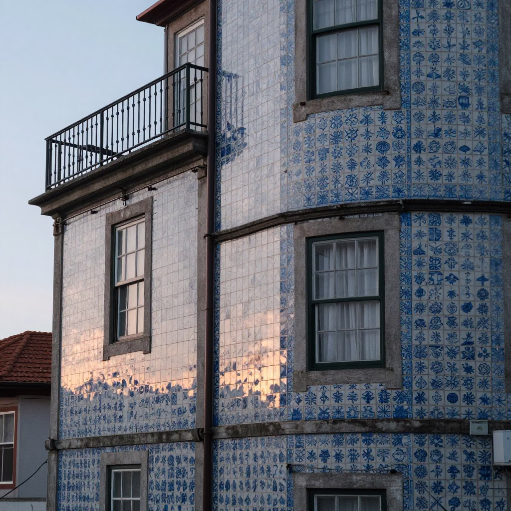 Cool Morning Light on Porto Tile Facade with Local Street Details in in Porto, Portugal