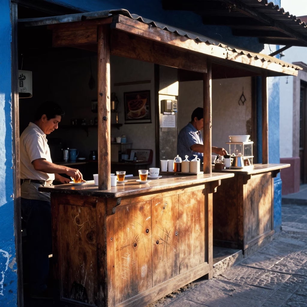 Cool Morning Light on Worn Wood Counters in Oaxaca Tea Stall in in Oaxaca, Mexico