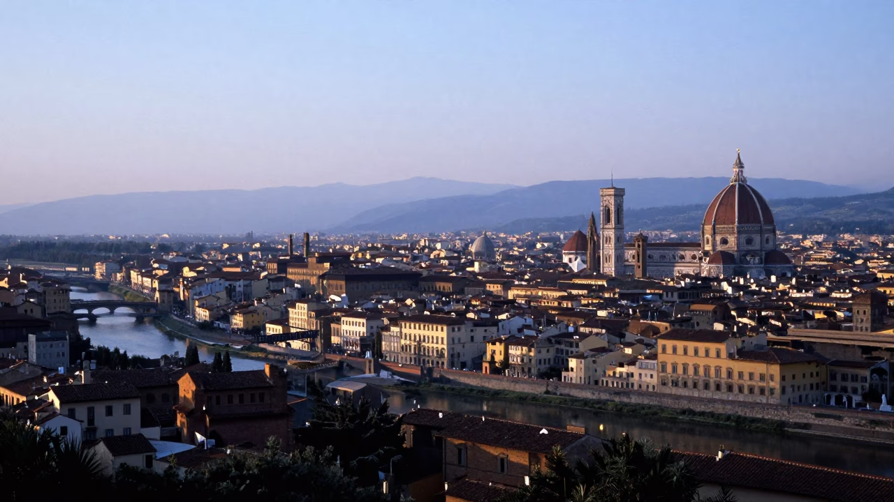 Cool Morning Light Over Florence Tuscan Hills and City Rooftops in in Florence, Italy