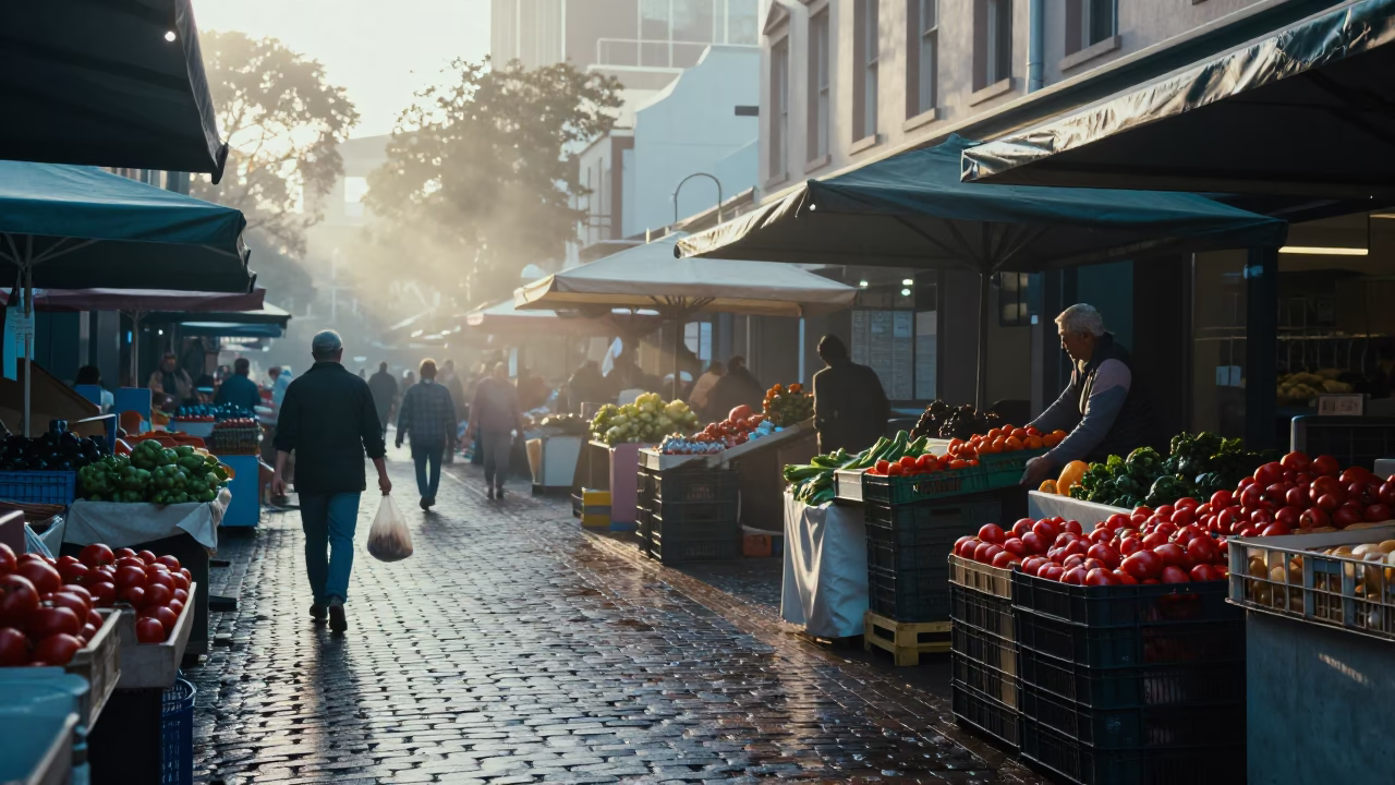 Cool Morning Light Reveals Market Stalls in Adelaide City Centre in in Adelaide, South Australia, Australia
