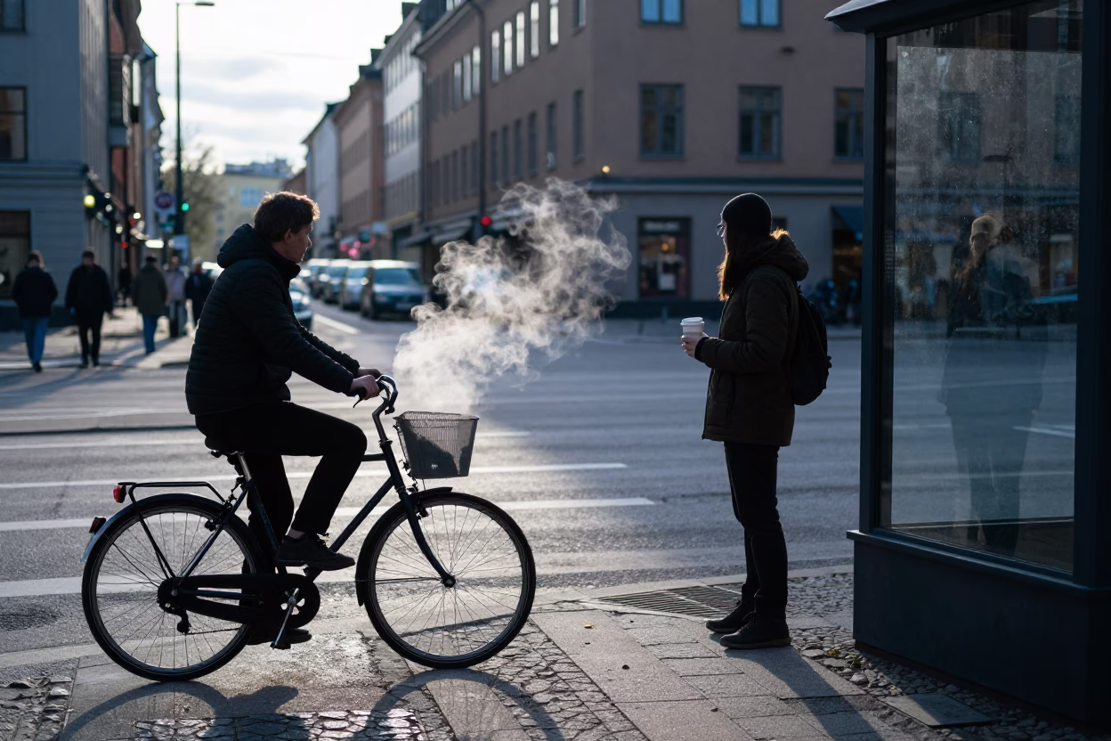 Cool Morning Stockholm Street Scene with Bicycle and Coffee Stall in in Stockholm, Sweden