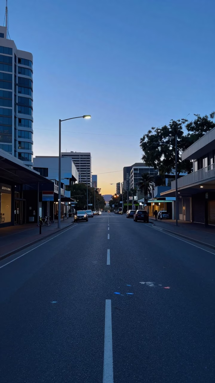 Cool Pre-Dawn Adelaide Street Scene with Paint Flecks and Urban Details in in Adelaide, South Australia, Australia