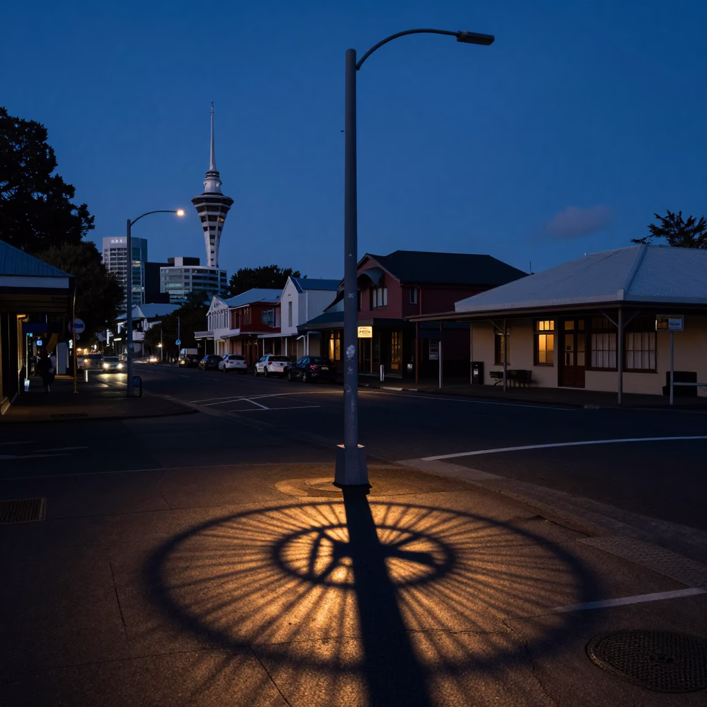 Cool Pre-Dawn Auckland Street Scene with Wicker Shadow and Cooler Jug in in Auckland, New Zealand