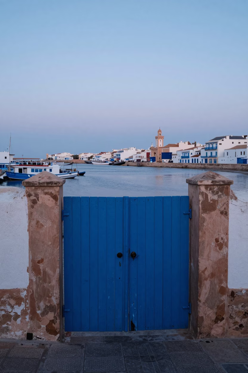 Cool Pre-Dawn Light on Essaouira Blue Gates and Harbor Breakwater Beacon in in Essaouira, Morocco