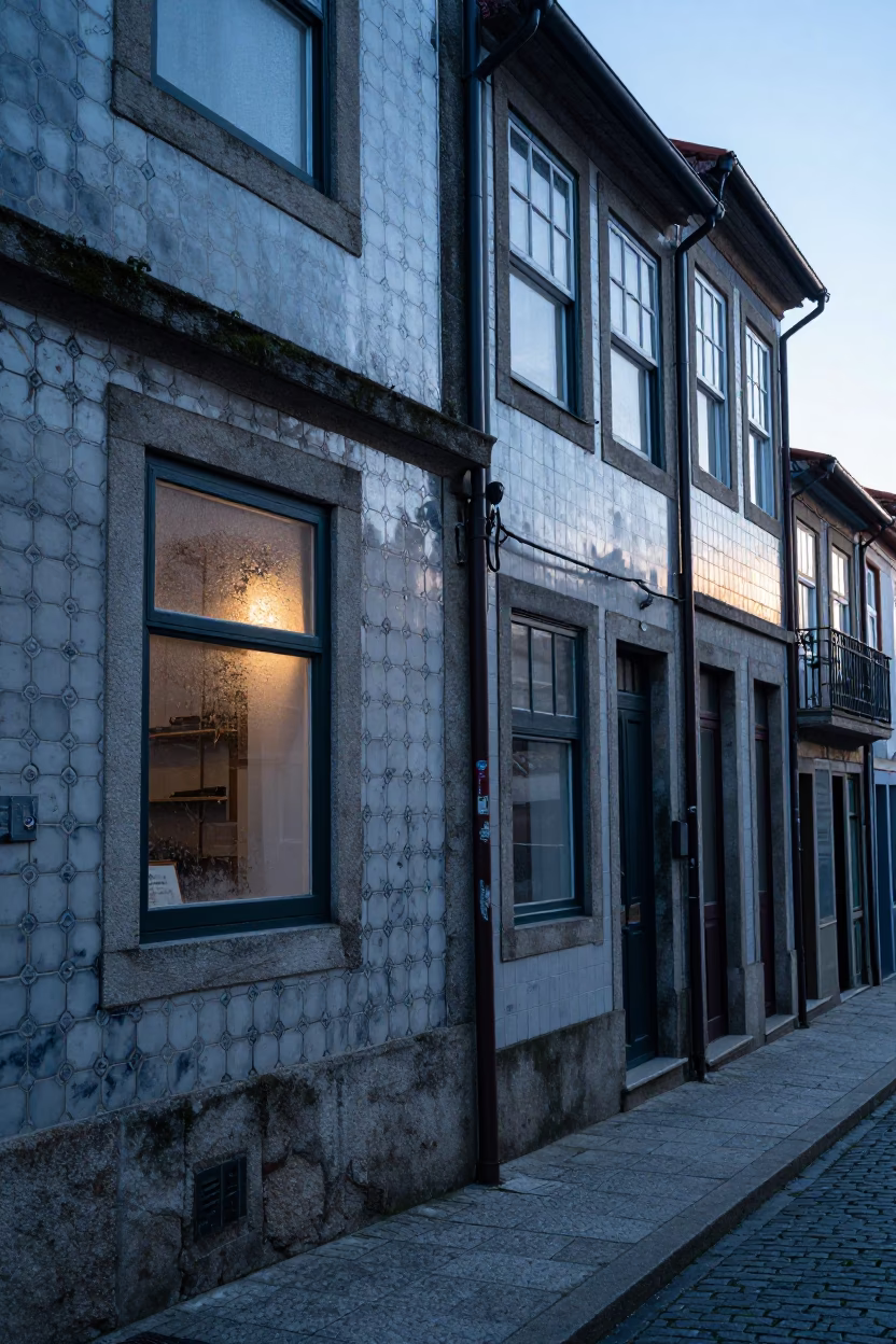 Cool Pre-Dawn Light on Historic Porto Facades and Quiet Street Corners in in Porto, Portugal