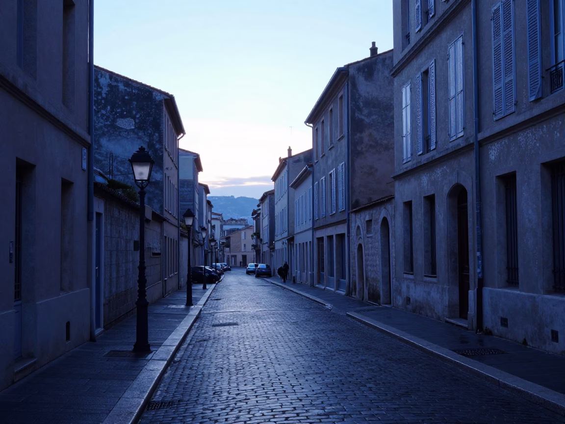 Cool Pre-Dawn Marseille Street Scene with Condensation on Glass Bottle Neck in in Marseille, France