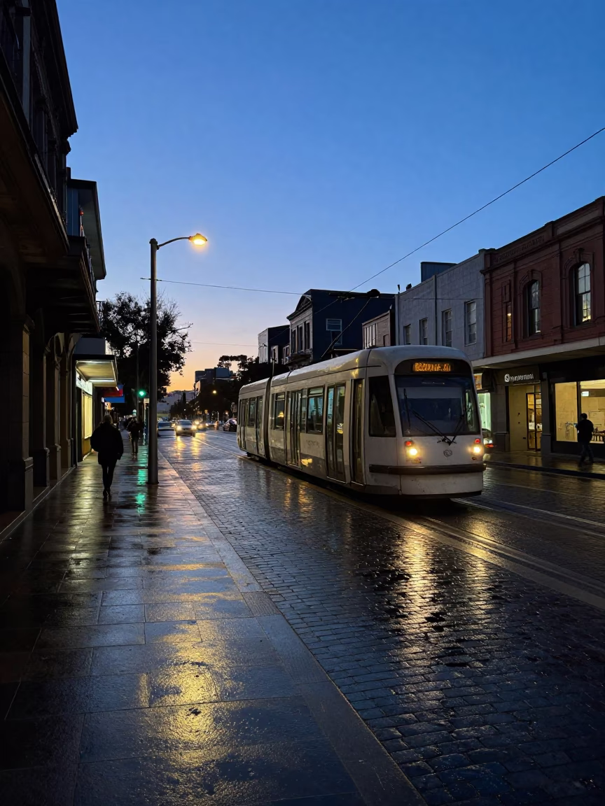 Cool Pre-Dawn Melbourne Street Scene with Tram Reflection on Wet Cobblestones in in Melbourne, Victoria, Australia