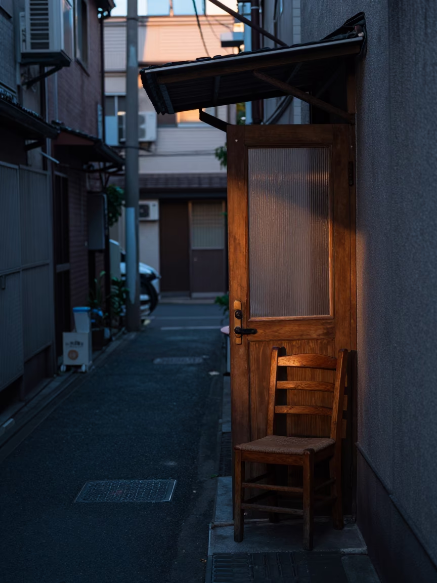 Cool Pre-Dawn Osaka Alleyway Street Scene with Vintage 1980s Aesthetic and Local Details in in Osaka, Japan