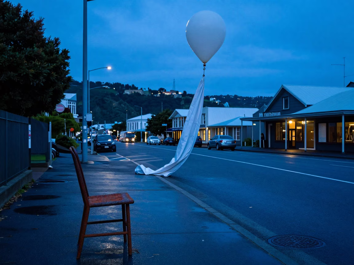 Cool Pre-Dawn Wellington Street Scene with Rusty Chair and Weather Balloon Tarp in in Wellington, New Zealand