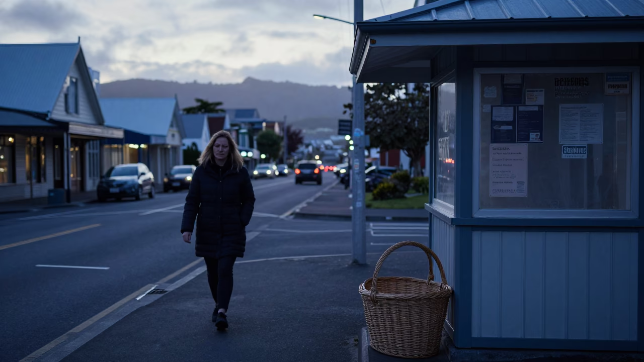 Cool Pre-Dawn Wellington Street Scene with Wicker Basket and Beach Towels in in Wellington, New Zealand