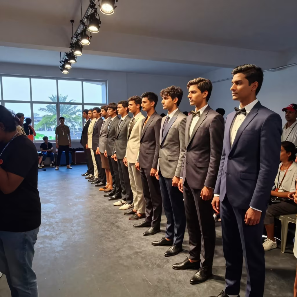 Cool Suited Runway Lineup in Machilipatnam Studio in under runway rehearsal lights in Machilipatnam