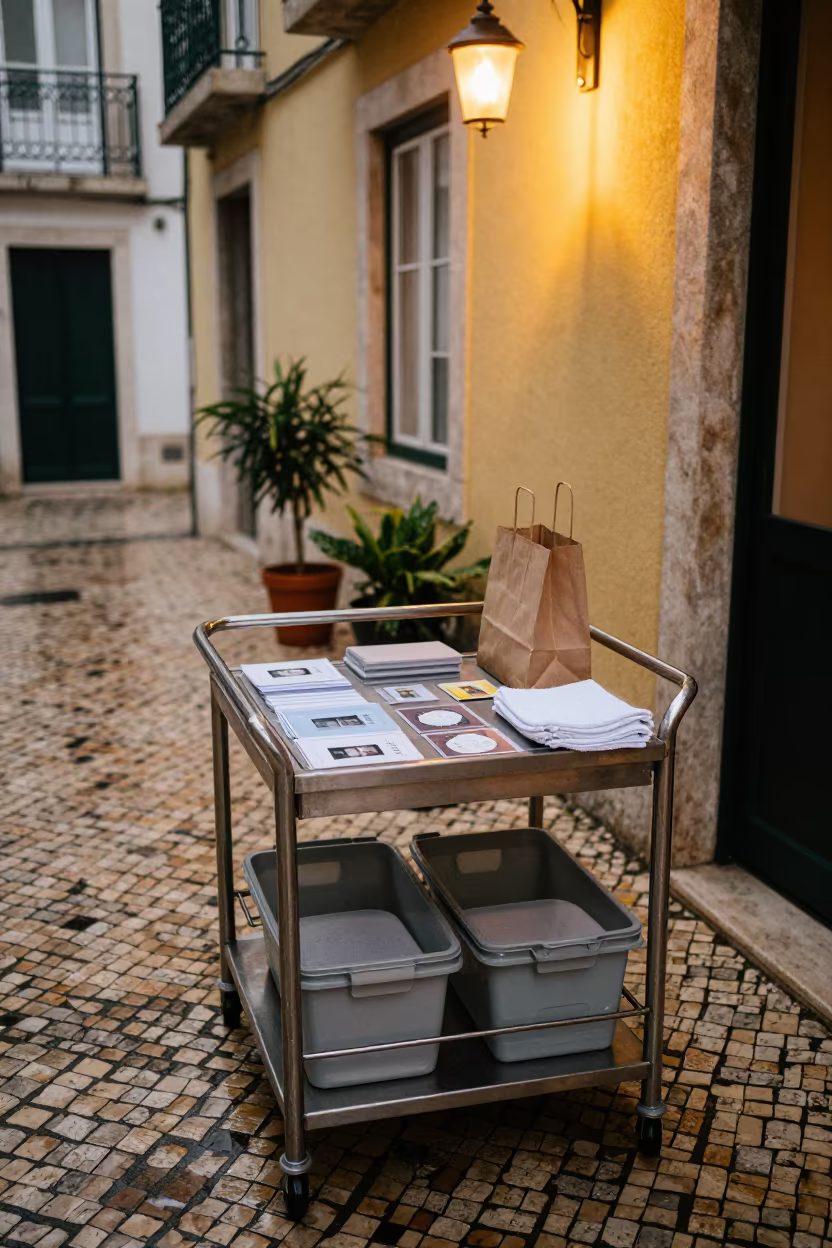 Cooler Cart in Mouraria Hotel Courtyard in in a hotel courtyard prepared for dinner in Mouraria, Lisbon