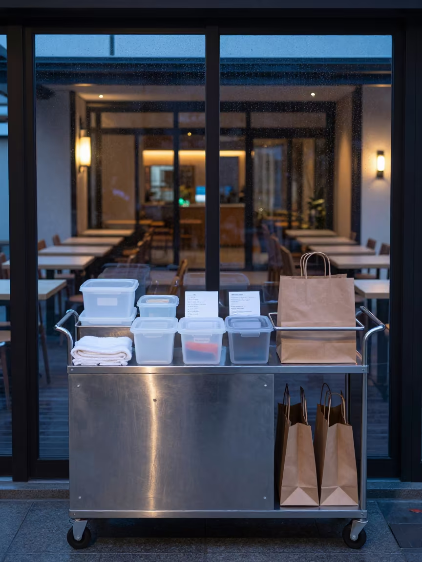 Cooler Cart Under Hotel Lobby Light in Osaka in beneath a porte cochere at arrival near Namba, Osaka