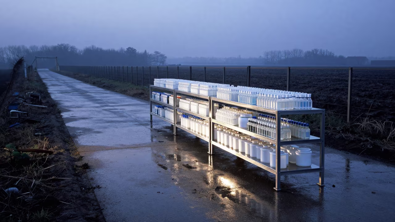 Cooler Shelf for Nutrient Samples at Czech Stockyard in at a stockyard loading ramp in Czech Republic