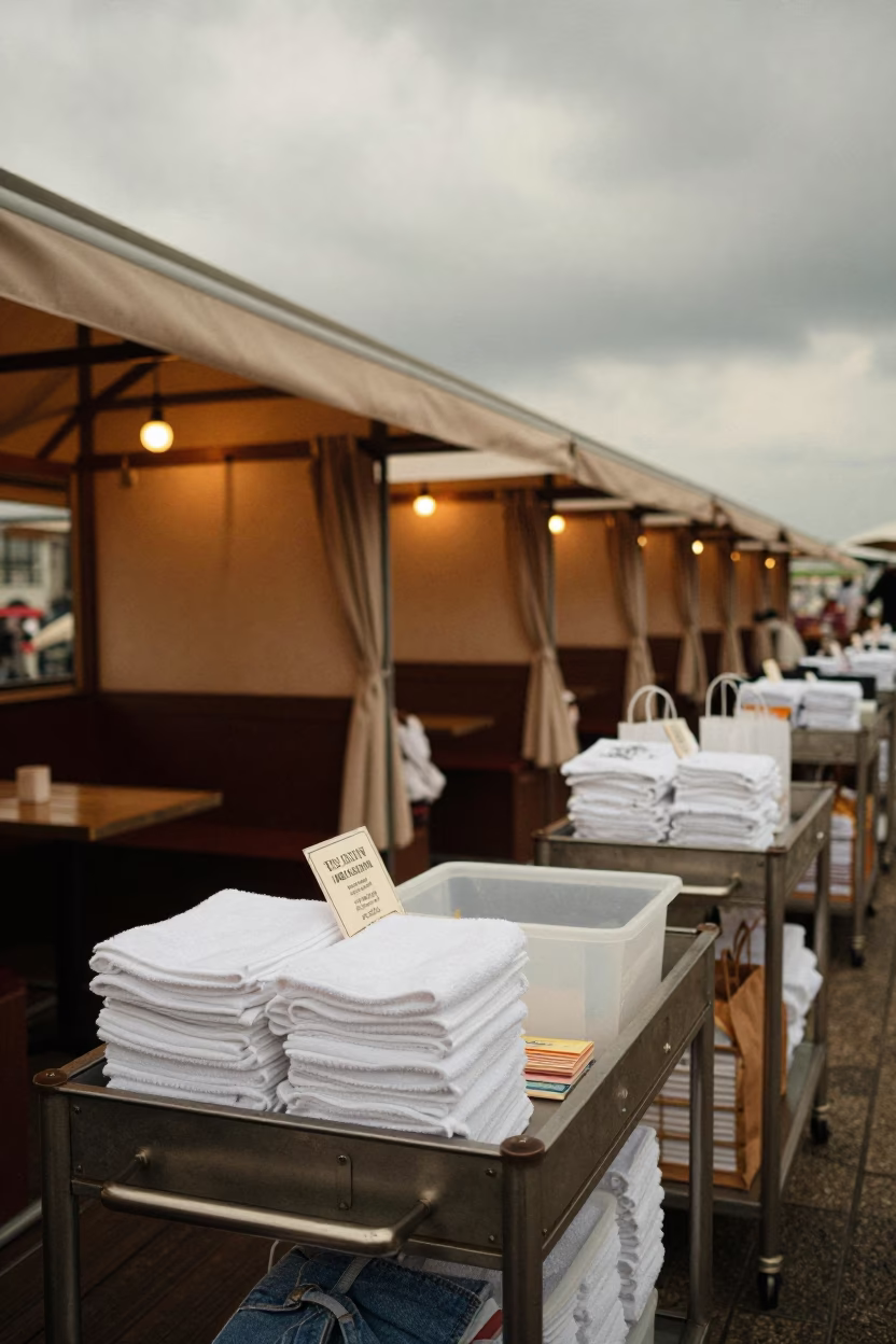 Cooler Cart at Osaka Beachfront Cabana Row in along a beachfront cabana row near Dotonbori, Osaka
